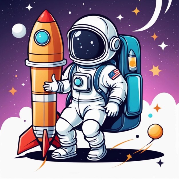 Vector cute astronaut with rocket bag cartoon vector illustration