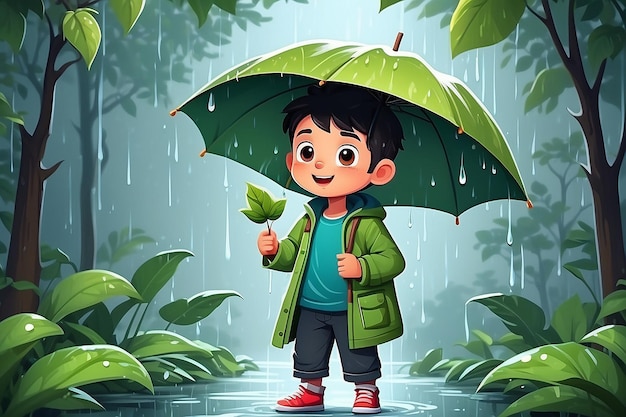 Photo vector cute boy holding leaf in rain cartoon vector icon illustration people nature icon concept isolated