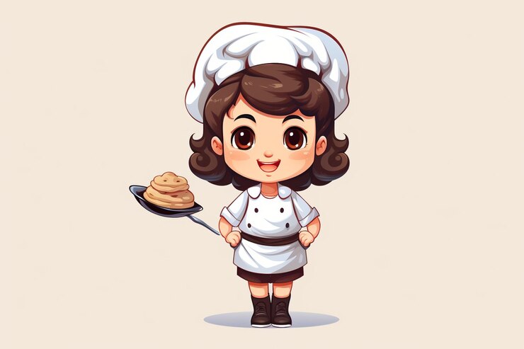Photo vector cute chef girl in uniform character holding a turner food restaurant logo