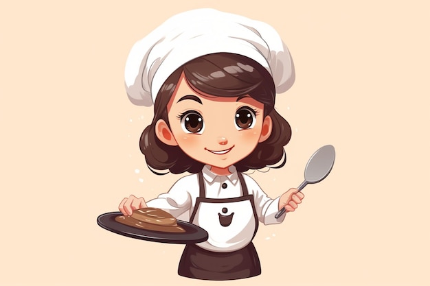 vector cute chef girl in uniform character holding a turner food restaurant logo