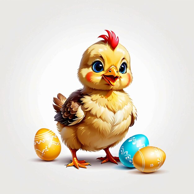 Vector cute funny baby chicken with easter egg on white background