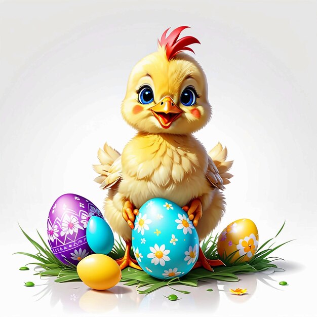 Vector cute funny baby chicken with easter egg on white background