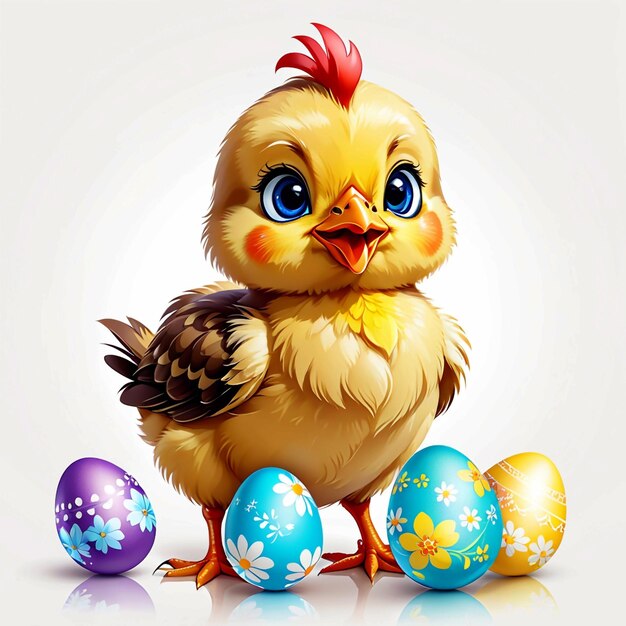 Vector cute funny baby chicken with easter egg on white background