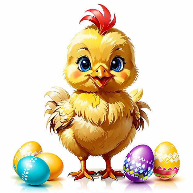 Vector cute funny baby chicken with easter egg on white background