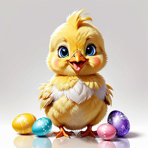 Vector cute funny baby chicken with easter egg on white background