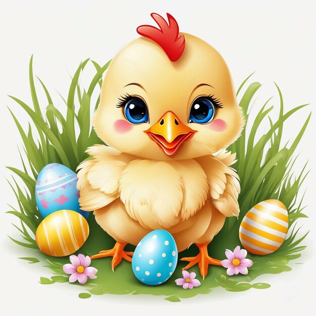 Photo vector cute funny baby chicken with easter egg on white background