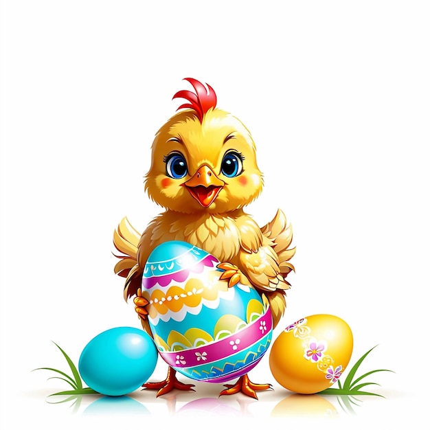 Vector cute funny baby chicken with easter egg on white background