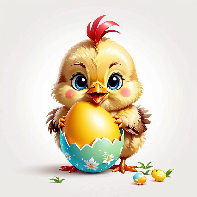 Vector cute funny baby chicken with easter egg on white background