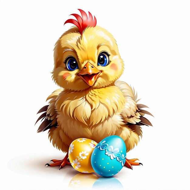 Vector cute funny baby chicken with easter egg