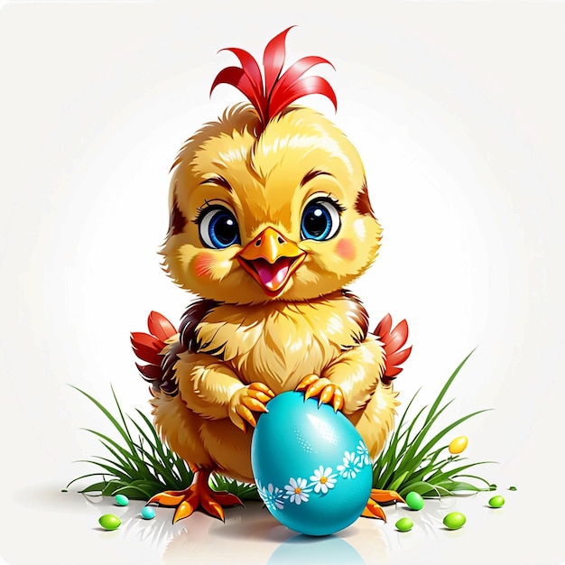 Vector cute funny baby chicken with easter egg