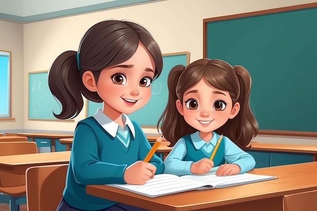 Vector of Cute girl student giving pencil for friend in classroom illustration