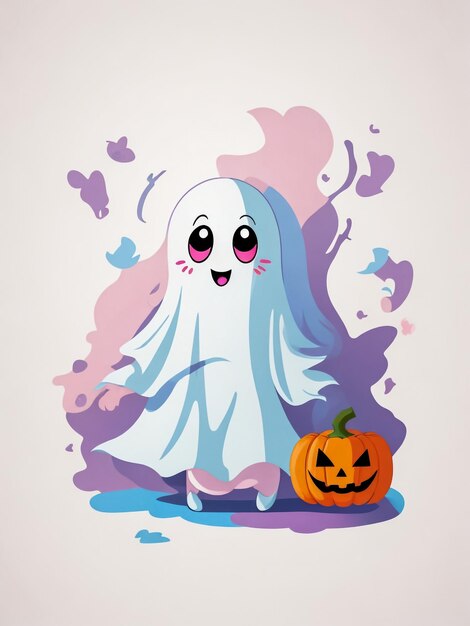 Photo vector cute halloween ghost holding pumpkin cartoon illustration