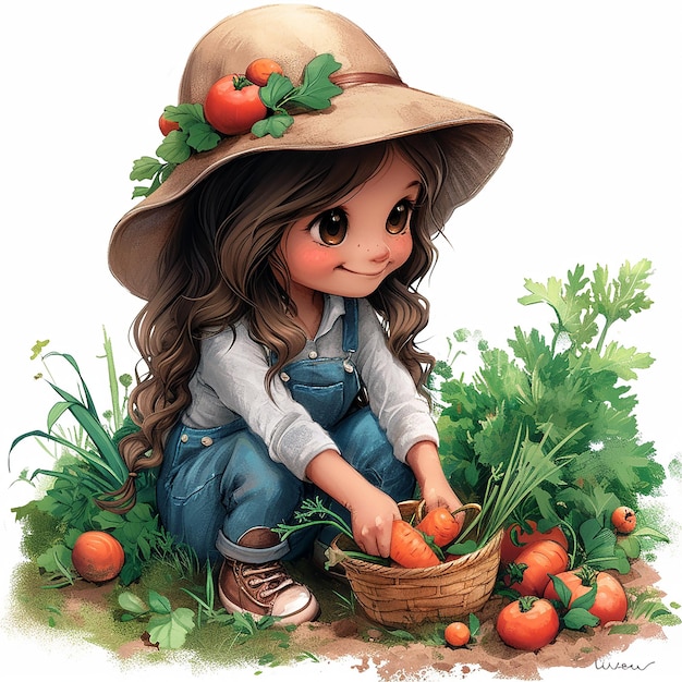 터 귀여운 작은 소녀 농부 당근을 수확