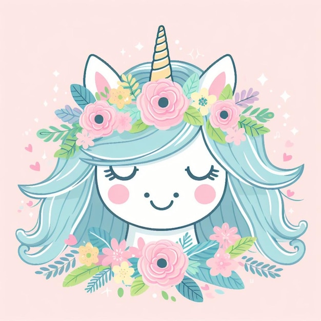 vector Cute unicorn face with pastel flower crown