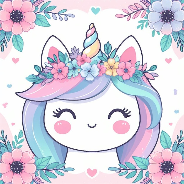 vector Cute unicorn face with pastel flower crown