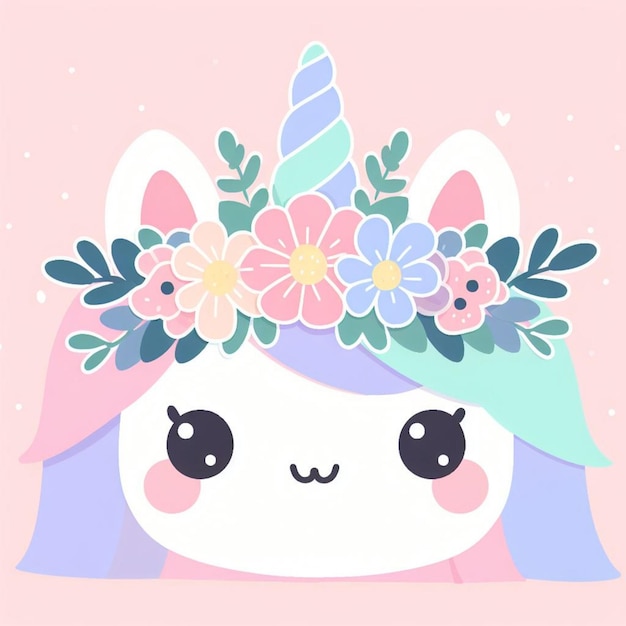 vector Cute unicorn face with pastel flower crown