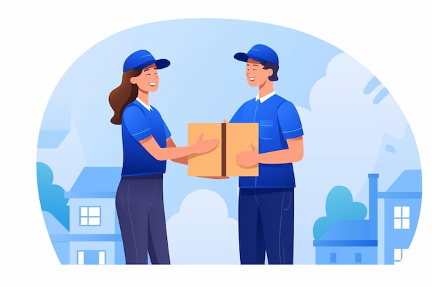 Photo vector delivery woman with box distribution service to a man