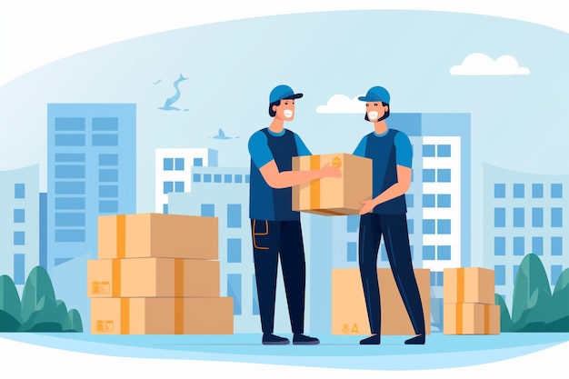 vector delivery woman with box distribution service to a man
