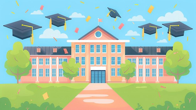 Photo vector depiction of a school building and campus with graduation elements celebrating academic success
