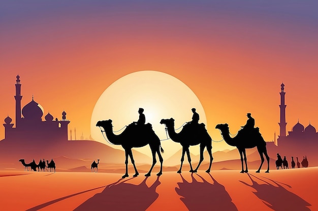 Vector in a desert on a light day orange sky and sun with camels and driver