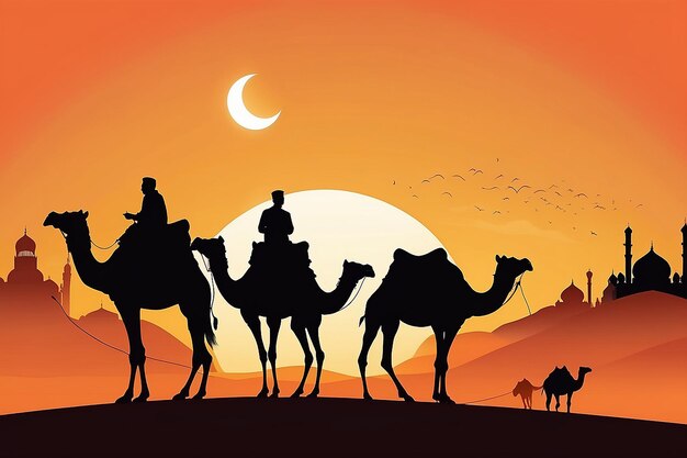 Vector in a desert on a light day orange sky and sun with camels and driver