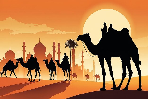 Vector in a desert on a light day orange sky and sun with camels and driver