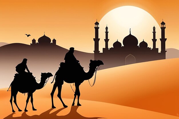 Vector in a desert on a light day orange sky and sun with camels and driver