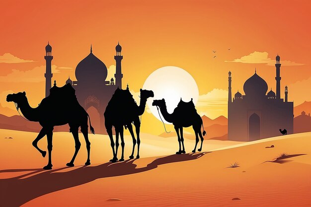 Photo vector in a desert on a light day orange sky and sun with camels and driver