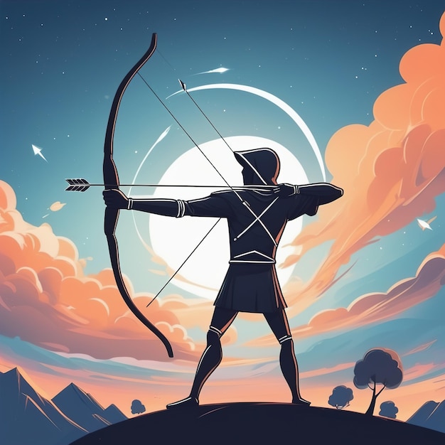 ベクトルデザイン: 弓と矢を持った男のイラスト山の背景に剣を持った男
