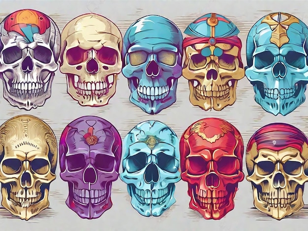 Vector detailed graphic colorful human skulls set