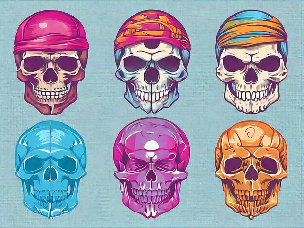 Vector detailed graphic colorful human skulls set