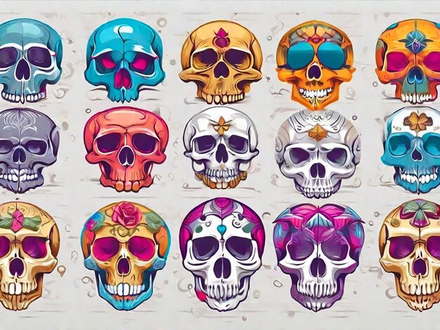 Vector detailed graphic colorful human skulls set