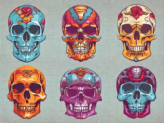 Vector detailed graphic colorful human skulls set