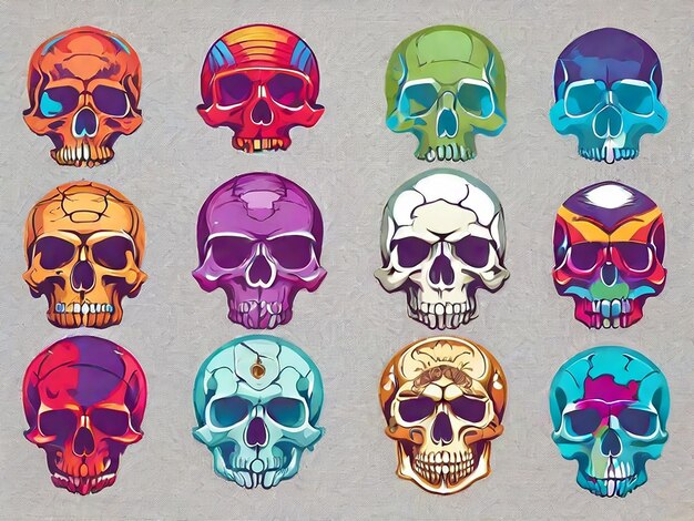 Vector detailed graphic colorful human skulls set