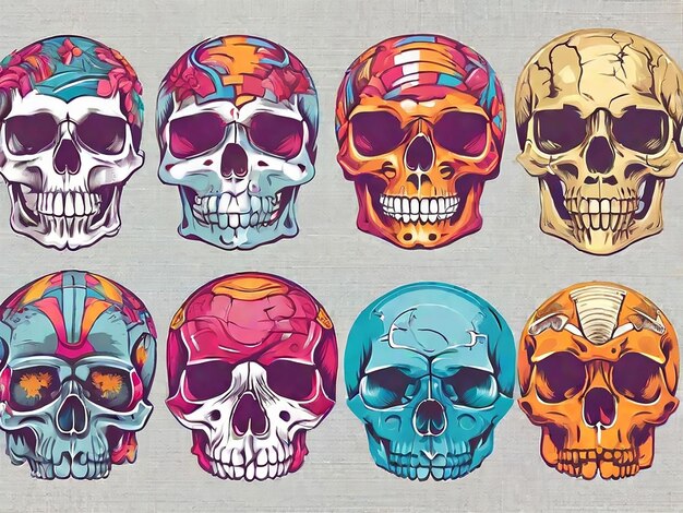 Vector detailed graphic colorful human skulls set