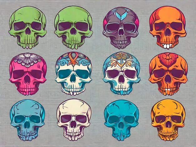 Vector detailed graphic colorful human skulls set