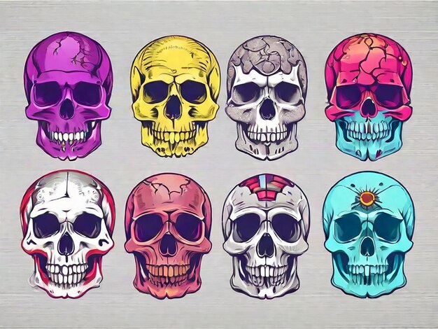 Vector detailed graphic colorful human skulls set