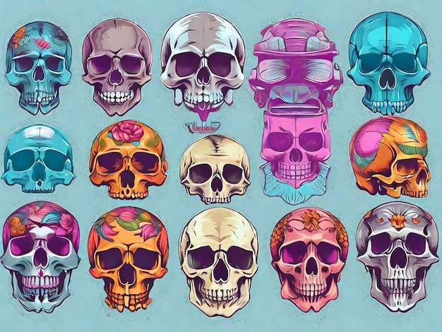 Фото Детальный векторный графический набор красочных человеческих черепов