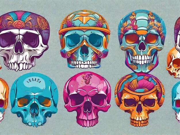 Vector detailed graphic colorful human skulls set