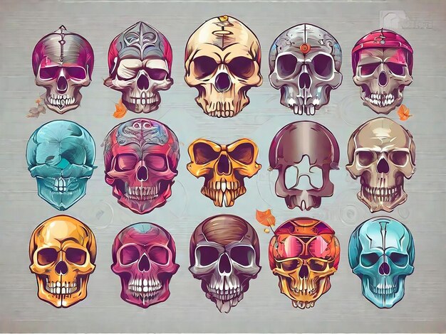 Vector detailed graphic colorful human skulls set