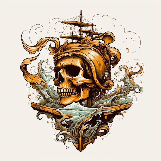 Vector digital drawing design from a skull anchor and ship merge into one