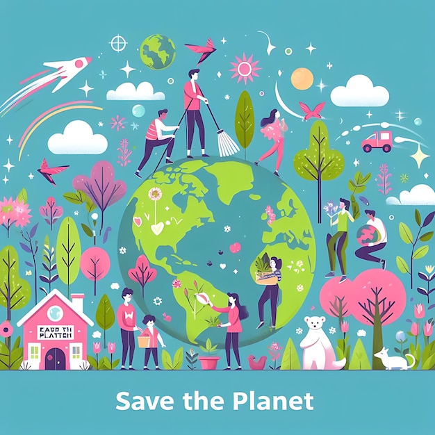 vector earth day a poster for save the planet with people and animals