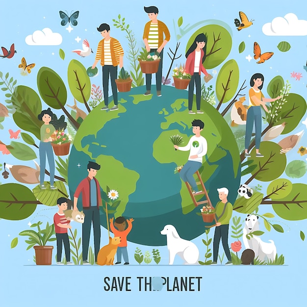 Photo vector earth day a poster with people and animals around the world