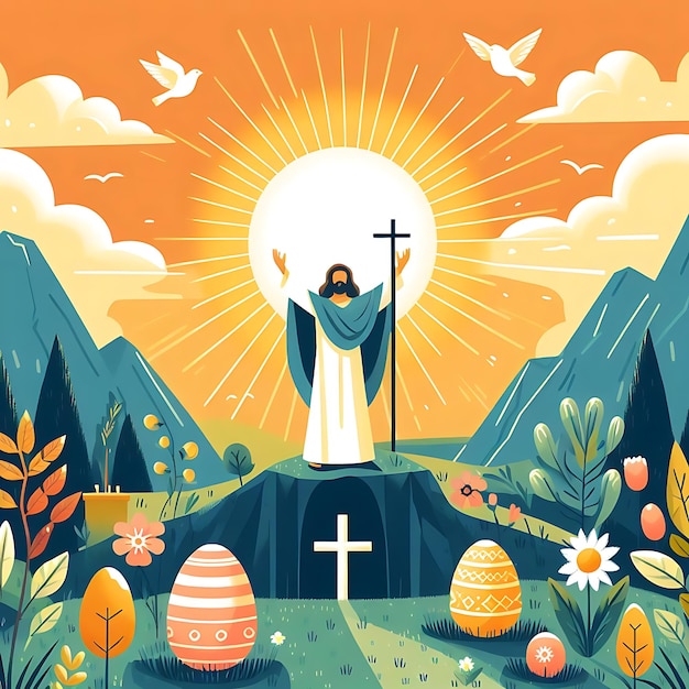 Фото Вектор пасхального воскресенья иллюстрация иисуса, стоящего на горе с солнцем позади него