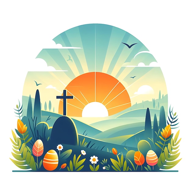 vector Easter Sunday a painting of a cemetery with a cross in the middle of the picture