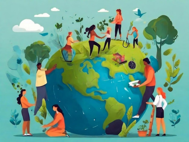 Vector ecology concept People take care about planet ecology Protect nature and ecology banner Earth day Globe with trees plants and volunteer people People cleaning garbage on Earth area