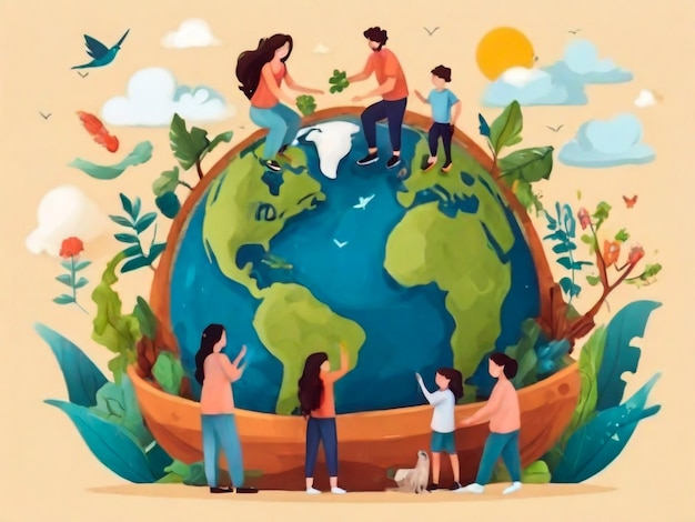 Vector ecology concept People take care about planet ecology Protect nature and ecology banner Earth day