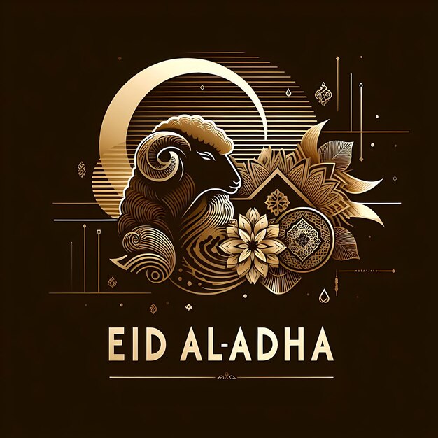 vector eid al adha a black and gold picture of a goat with a floral pattern