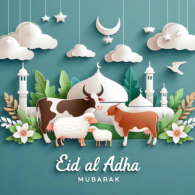 Photo vector eid al adha a blue background with a picture of a cow and sheep