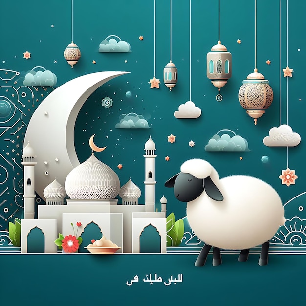 vector eid al adha a blue background with a sheep and the moon in the background